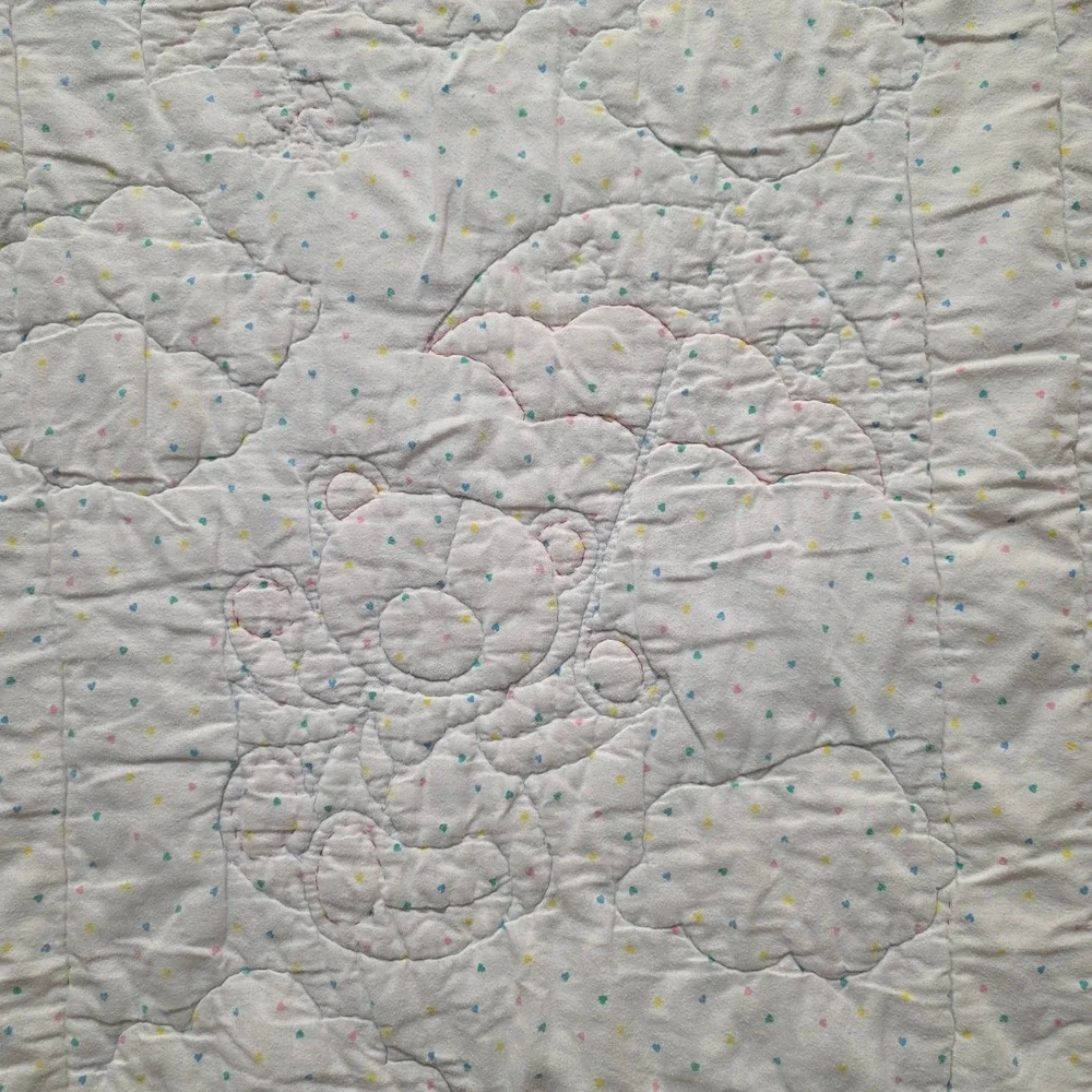 Vintage Teddy Bear Umbrella Quilt Pastel Pink Blue Eyelet Lace Baby Blanket